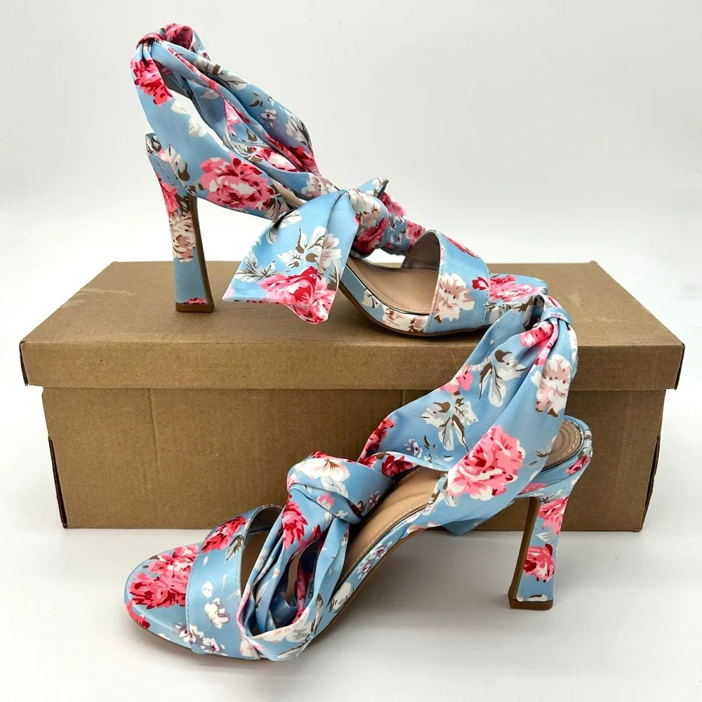 Womens Ankle Wrap Sandals Kelly & Katie Nylani Size 9.5‎ Blue Satin Floral Print
